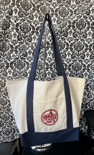 Neu TRADER JOE'S wiederverwendbares Logo Canvas Öko Einkaufstasche Tragetasche blau weiß  - Bild 5 von 5