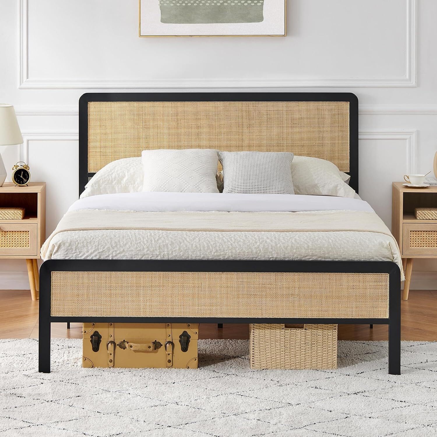 Bed Frame Queen Size with Rattan Headboard Modern Platform Bed Frame for Bedroom-image