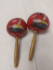 Vintage MEXICO MARACAS Hand Painted Mexican Red Taxco Gourd Shakers Set-2 Free-S