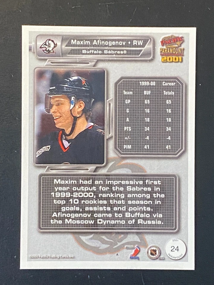 Maxim Afinogenov 2000-01 Pacific Paramount 2001 #24 Buffalo Sabres - Image 2 of 2