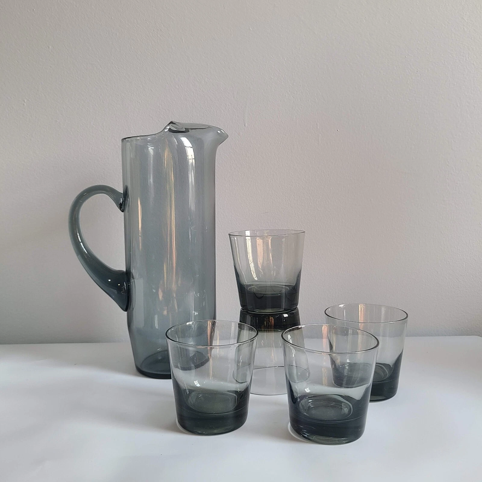 Possible 1960s MCM Morgantown Normandie gray smoke glass pitcher tumbler set 6