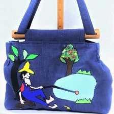 VTG 70's Handmade HILLBILLY Denim Granny Patchwork Hippie Boho Bag Purse Wood 