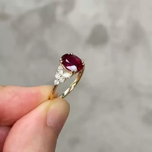 2Ct Oval Cut Lab Created Red Ruby Solitaire Women's Ring 14K Yellow Gold Plated - Picture 9 of 9