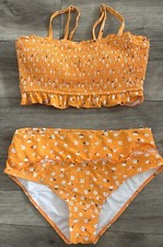 Orange Floral Bikini Swimsuit 2 Pieces with Ruffles Womens Sz L NWOT No Liner