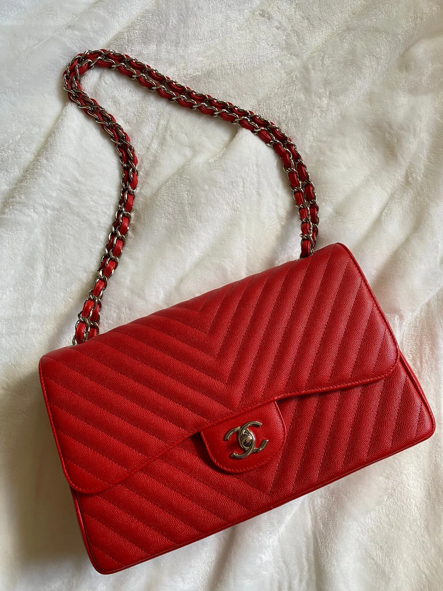 Chanel Chevron Caviar Jumbo Red Double Flap Bag