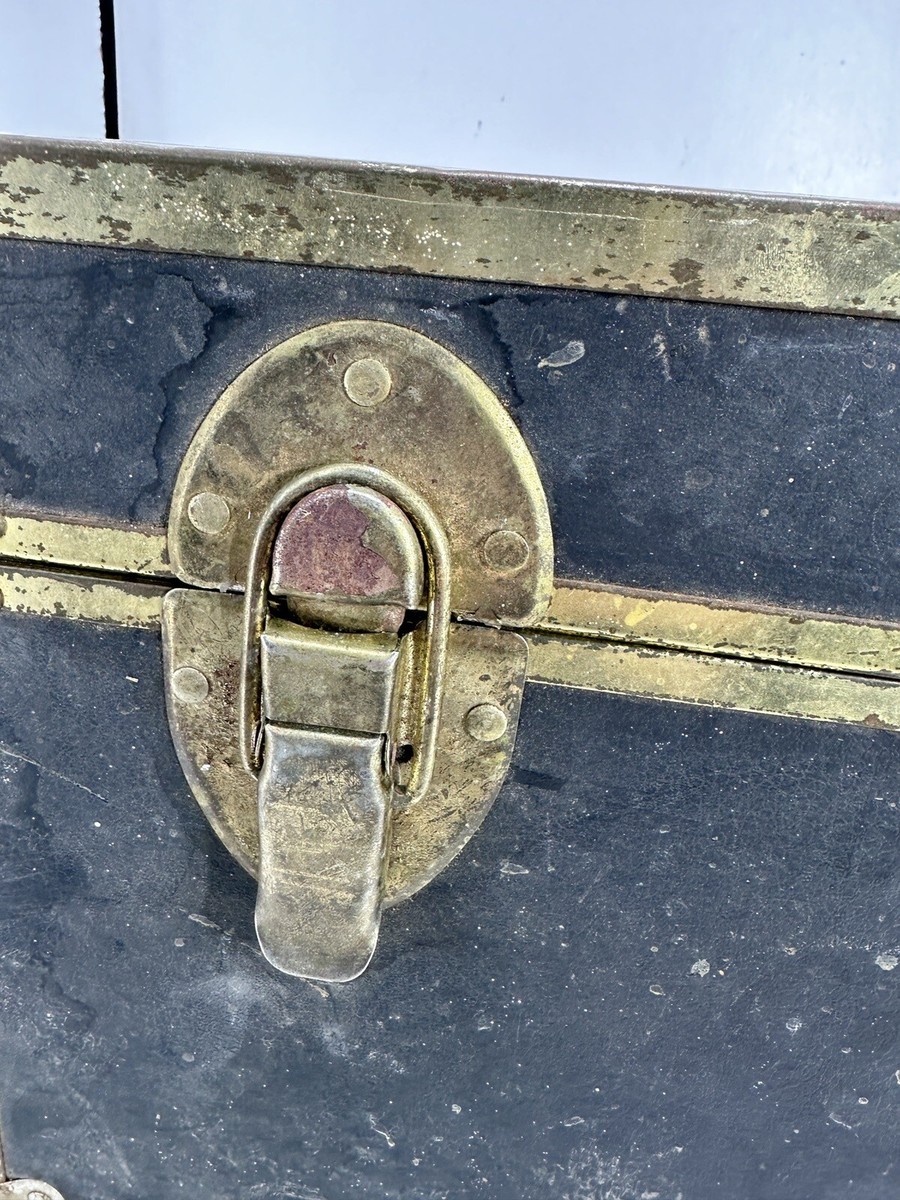 Vtg Classic Footlocker Trunk No Key Rectangle Shape Black W/ Brass