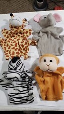 Lot of 4 Oriental Trading Hand Puppets Jungle Animals Plush Stuffed monkey Zebra