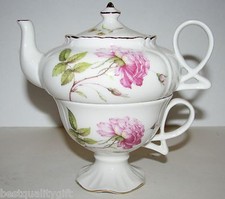 GRACE WHITE WITH PINK ROSE & YELLOW FLOWER FINE CHINA TEA,COFFEE POT FOR ONE