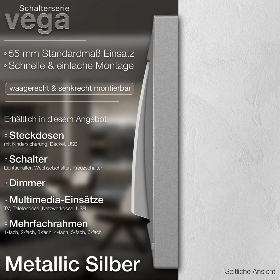 Schuko Steckdose Steckdosen Lichtschalter Ausschalter mit LED VEGA Met. Silber - Bild 2 von 2