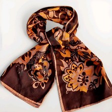 Mid Century Floral Scarf 100 Acetate Brown Orange Oblong 13x44 RN 21830 Japan