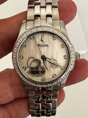 BULOVA Ladies Skeleton Open Heart Mother Of Pearl 44 Diamond Watch