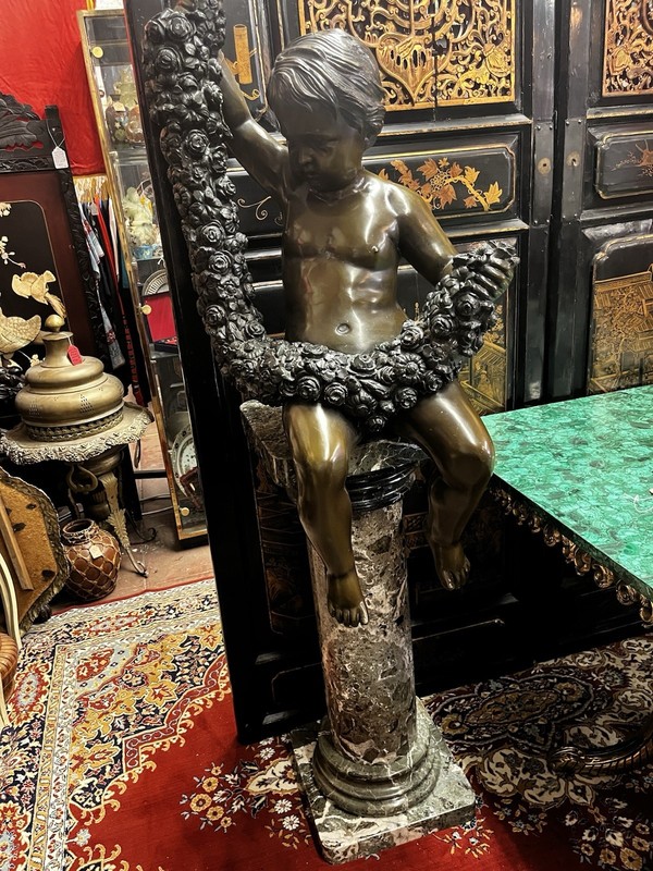 "Large Antique Continental Bronze Cherub with Floral Festoon on Marble Pedestal