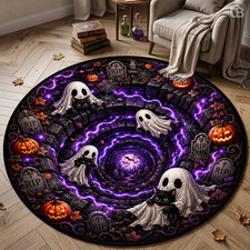 3D Spooky Cemetery Vortex Round Rug, Ghost Black Cat Halloween Floor Mat