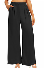 Women's Black High-Waist Wide-Leg Dress Pants, Pleated, Stretch, Pockets