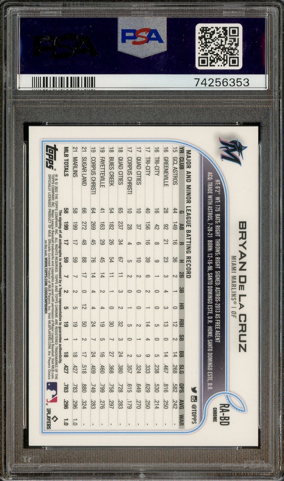 2022 Topps Chrome Bryan De La Cruz Marlins RC Rookie AUTO PSA 9 MINT view 2