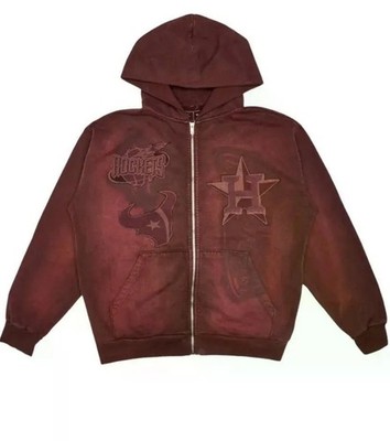 New Travis Scott Fanatics Fest Houston Teams Zip Up Hooded Sweatshirt Brick Red