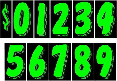 7 1/2 Vinyl Number Decals, Windshield Pricing Stickers, Chartreuse Car Lot Pr...