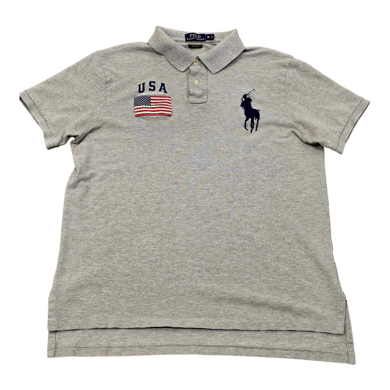Men's Polo Ralph Lauren Big Pony USA Flag Custom Fit Shirt Gray Sz XL