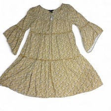 Yellow floral tiered dress with bell sleeves  artsy cottagecore loose fitting