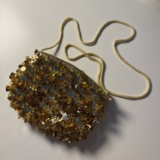 Wedding Guest Lynette Vtg 60s Gold Sequin Beads Evening Bag Clutch Formal Bridal