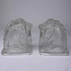 2 Vintage Clear Federal Glass Horse Head Bookends Set Art Deco Style Stallions