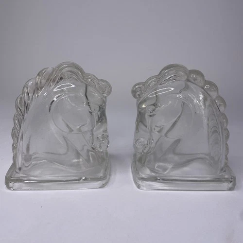 2 Vintage Clear Federal Glass Horse Head Bookends Set Art Deco Style Stallions