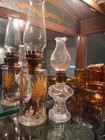 Lot of 2 Hurricane Oil Lamps Clear Glass Floral Pattern w/ Chimneys Knob — photo 2