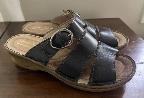 Josef Seibel women's black open toe slide leather sandal shoe size EUR 39 7.7-8