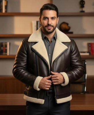 Mens B3 Aviator Shearling Leather Bomber Flight Jacket Classic Warm Biker Coat