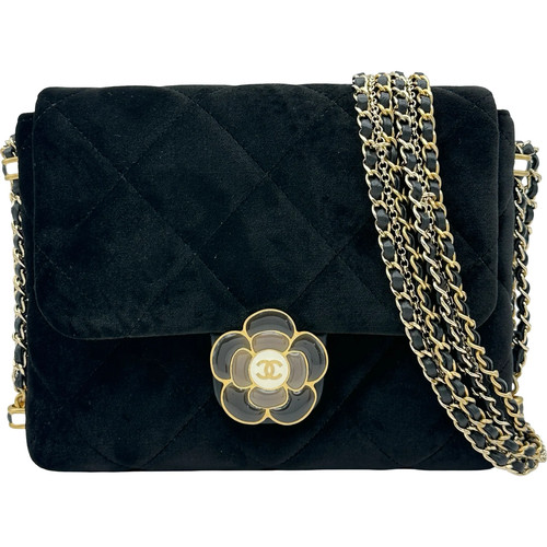CHANEL Camelia Flap Bag Black Velour Shoulder Bag AS4413 #OKB1127