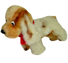 Dakin Dog Plush 8" Vintage Japan Stuffed Animal Brown Beige Red Ribbon Sawdust