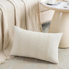 Set of 1 Boho Cream Lumbar Decorative Throw Pillow Cover 12x20 Inch for Couch