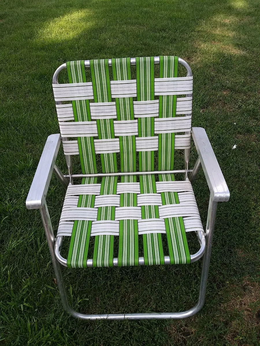 Vintage Aluminum Webbing Folding Lawn Chair Patio Green White