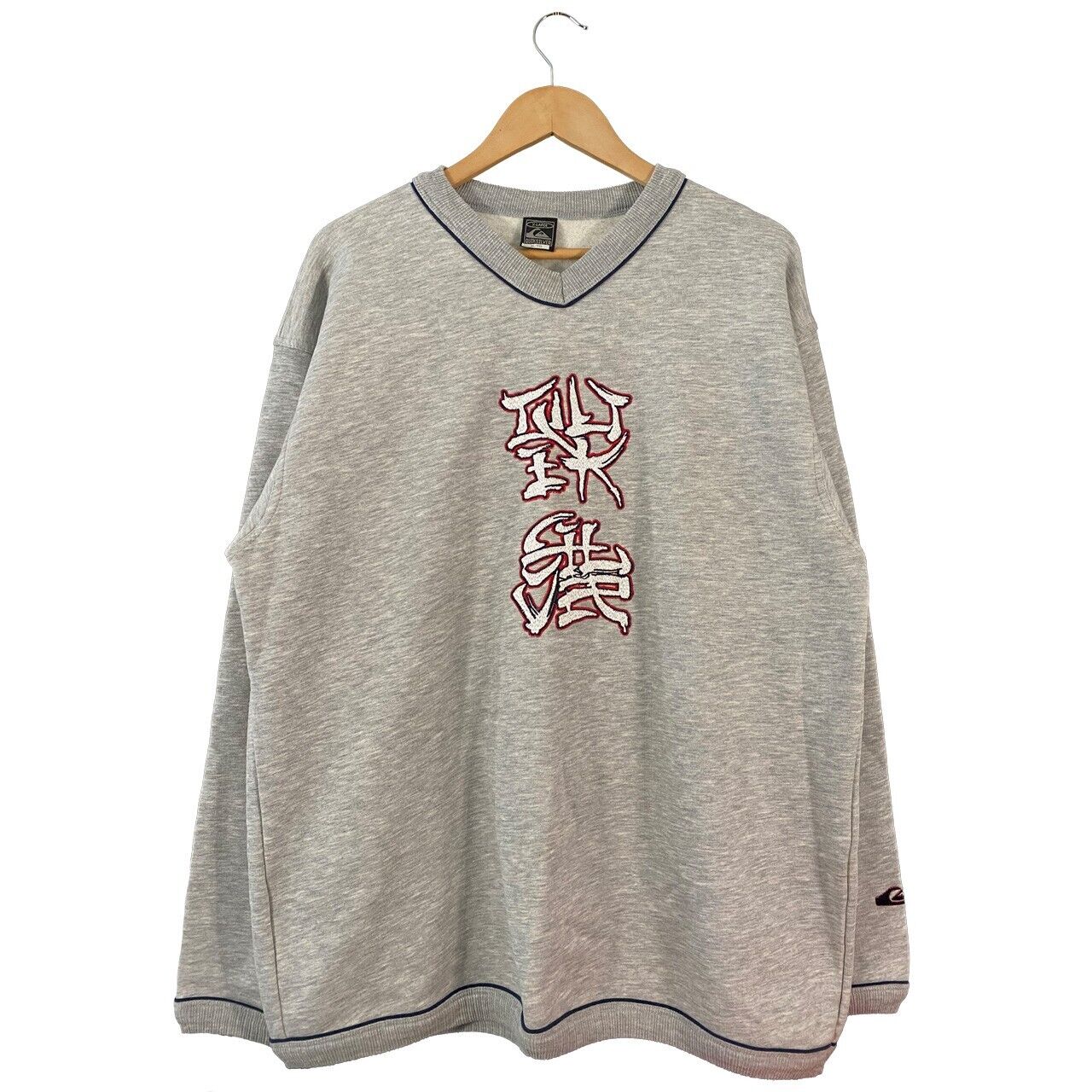 Vintage 90s Quicksilver Hanzi Logogram vneck sweatshirt gray mens size XL