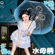 Transparent Jellyfish Swimming in the Rainy Umbrella Sky Blue