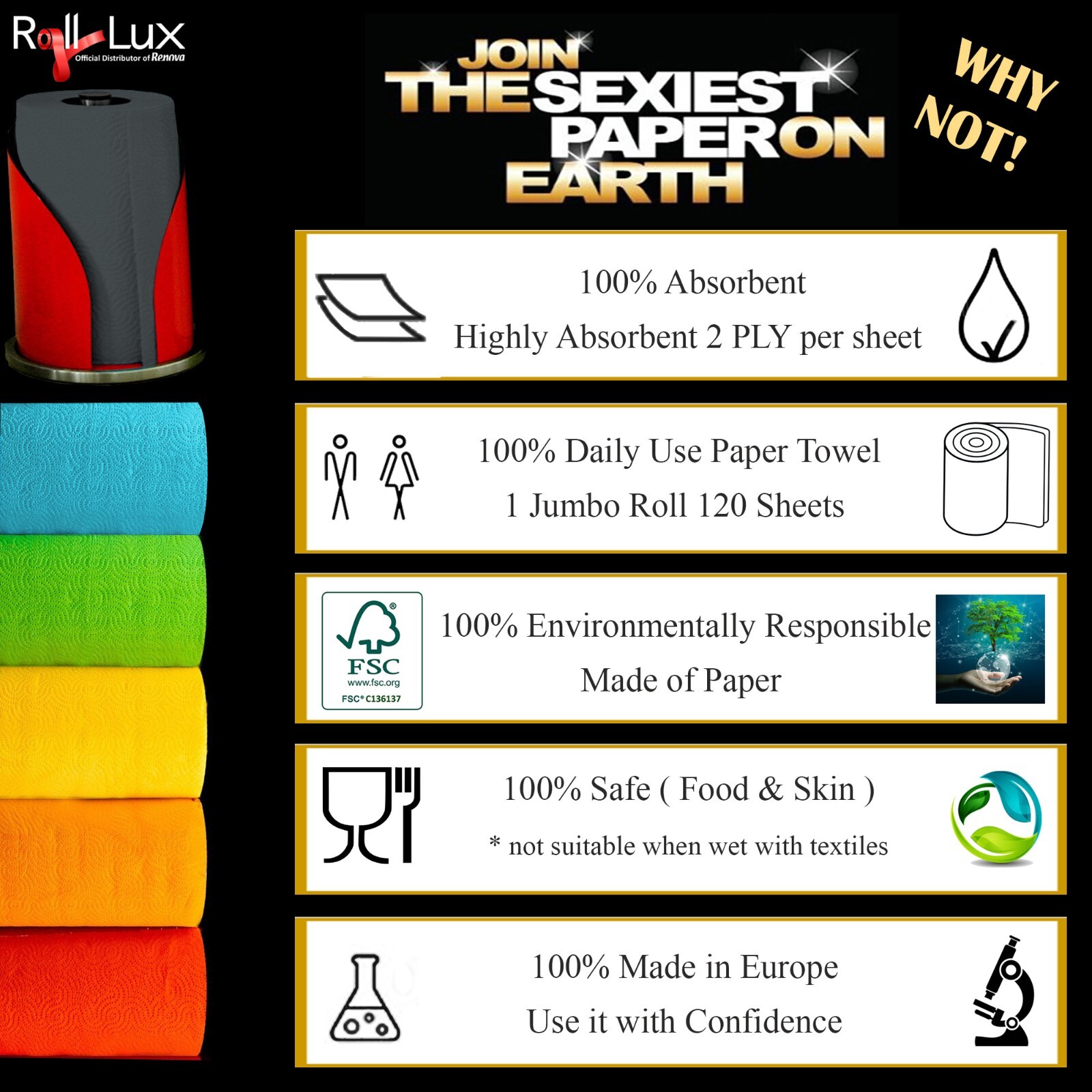 Renova Colored Paper Towels - Jumbo Roll, 2 Ply, 120 Highly Absorbent Sheets