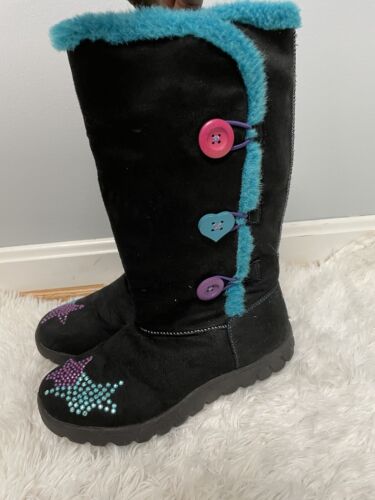 SKECHERS  Girls Twinkle Toes Black  Suede Fur Boots Size 4 - Afbeelding 1 van 8
