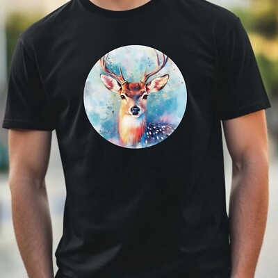 Men's Deer Portrait Motif Cotton T-Shirt Size XS to 5XL