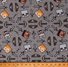 Cotton Minecraft Pixels Toile Video Games Gray Fabric Print by Yard D188.13