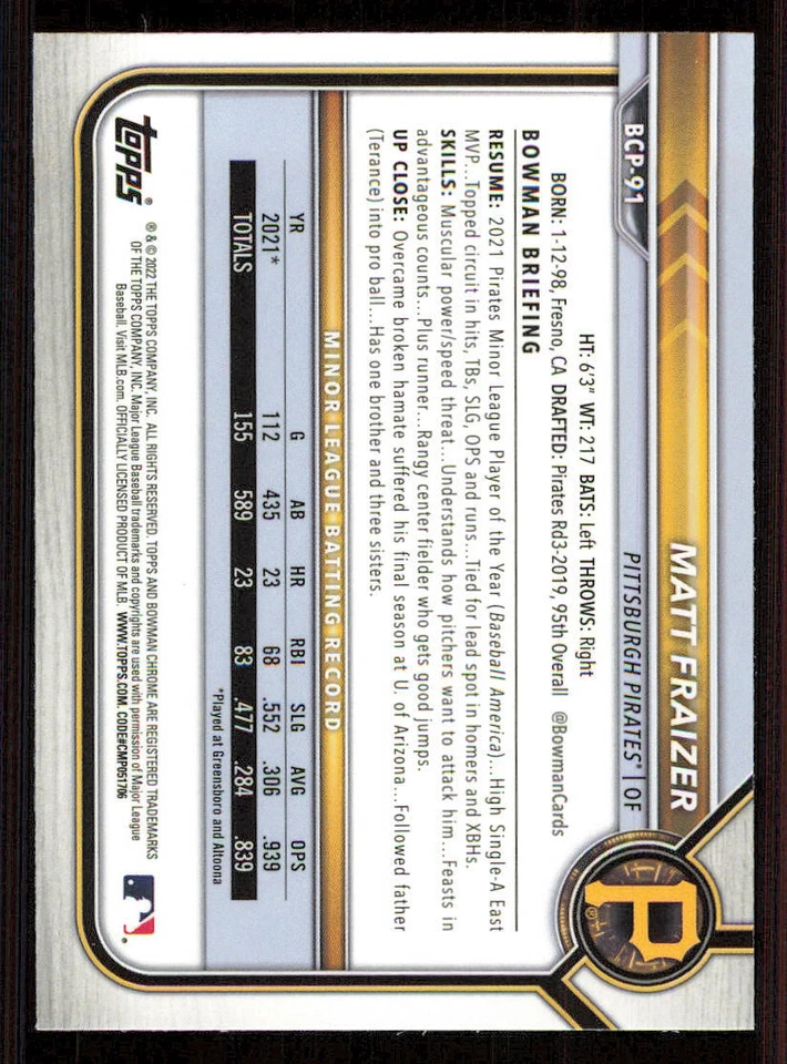2022 Bowman Chrome Prospects #BCP91 Matt Fraizer - Image 2 of 2