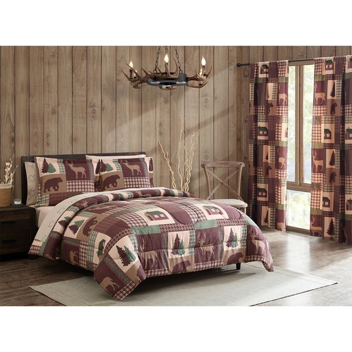 7-Piece Rustic Cabin Queen Comforter Bed in A Bag Bedding Set with Deep Pocket Sheets, Bear Deer Lodge Brown Green