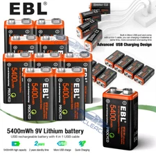 EBL USB Rechargeable 9V Lithium Batteries 5400mWh Hi-Capacity 9V  Battery Lot