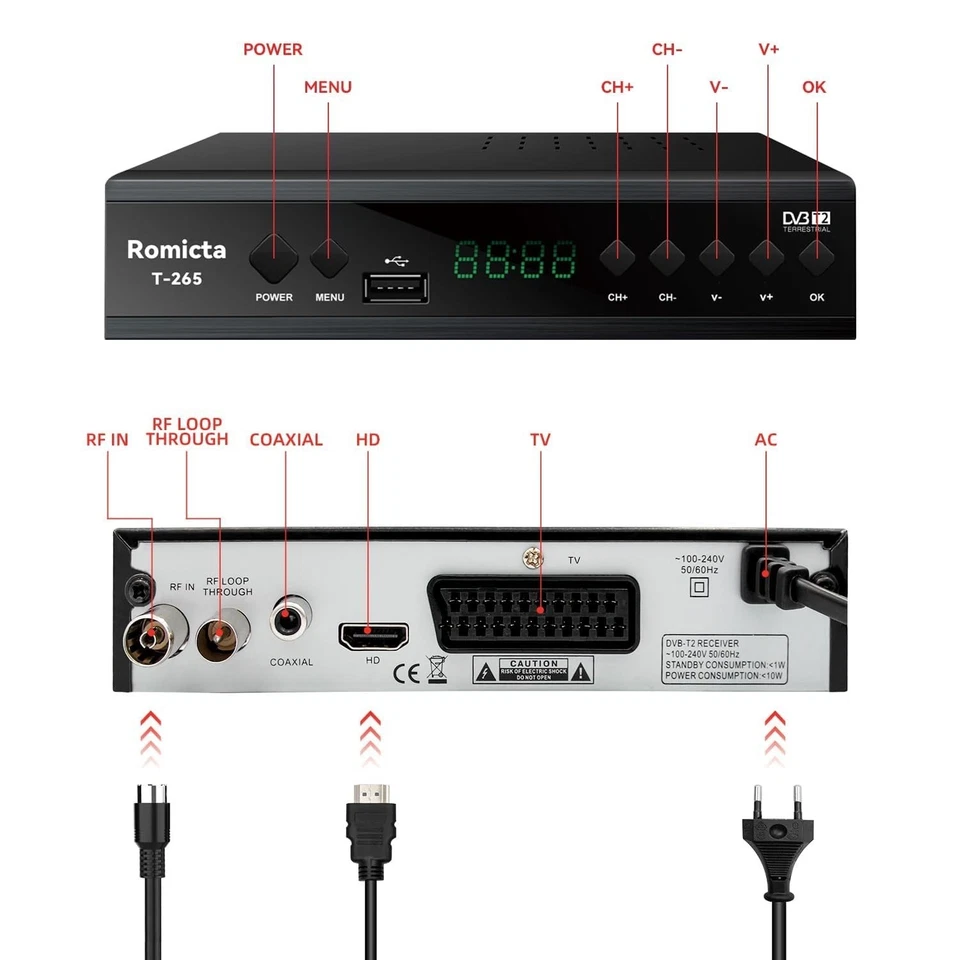 Décodeur TNT HD DVB-T2 H.265 HEVC Full HD 1080p USB HDMI - Photo 2/4