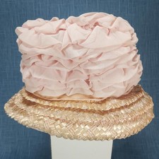 1950s Vintage Pink Woven Straw  Chiffon Ruffle Hat