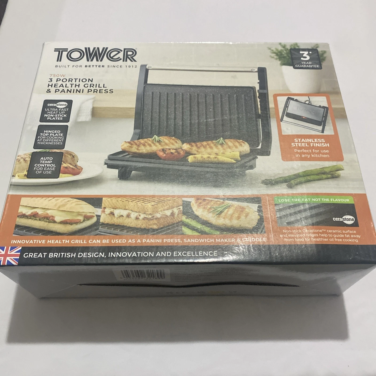 Tower T27038 4 Portion Health Grill & Panini Grill, 750W Black & Stainless Steel
Opens in a new wind