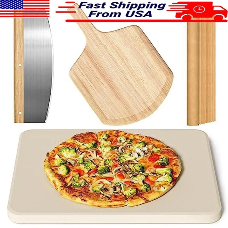 4 PCS Rectangle Pizza Stone Set 15" Pizza Stone Pizza Cutter for Oven and Grill