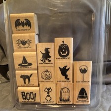 Stampin' Up Halloween Wood Rubber Stamp Set Bat Witch Pumpkin Cat Ghost Spider