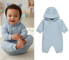 Baby Boys George Hooded Romper with Teddy Bear Ears Soft Fleece Lined Zipped NEW