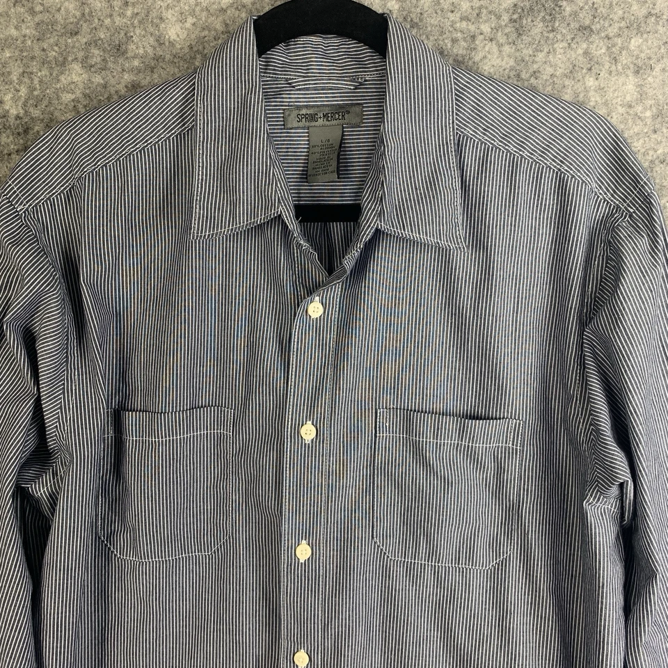 Spring + Mercer Mens Shirt Large Blue White Pinstripe Hickory Stripe Preppy - Image 2 of 4