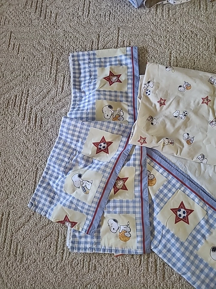 Baby Snoopy Crib Sheet Bed Skirt & Two Valance Little Champ Sports Star Peanuts - Image 4 of 4